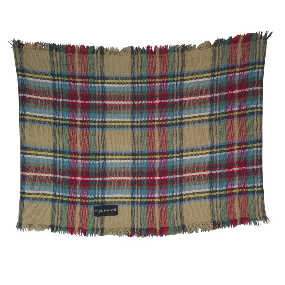 Simply Southern Blanket Scarf Womens Tan Plaid Fringed Oversized Wrap
